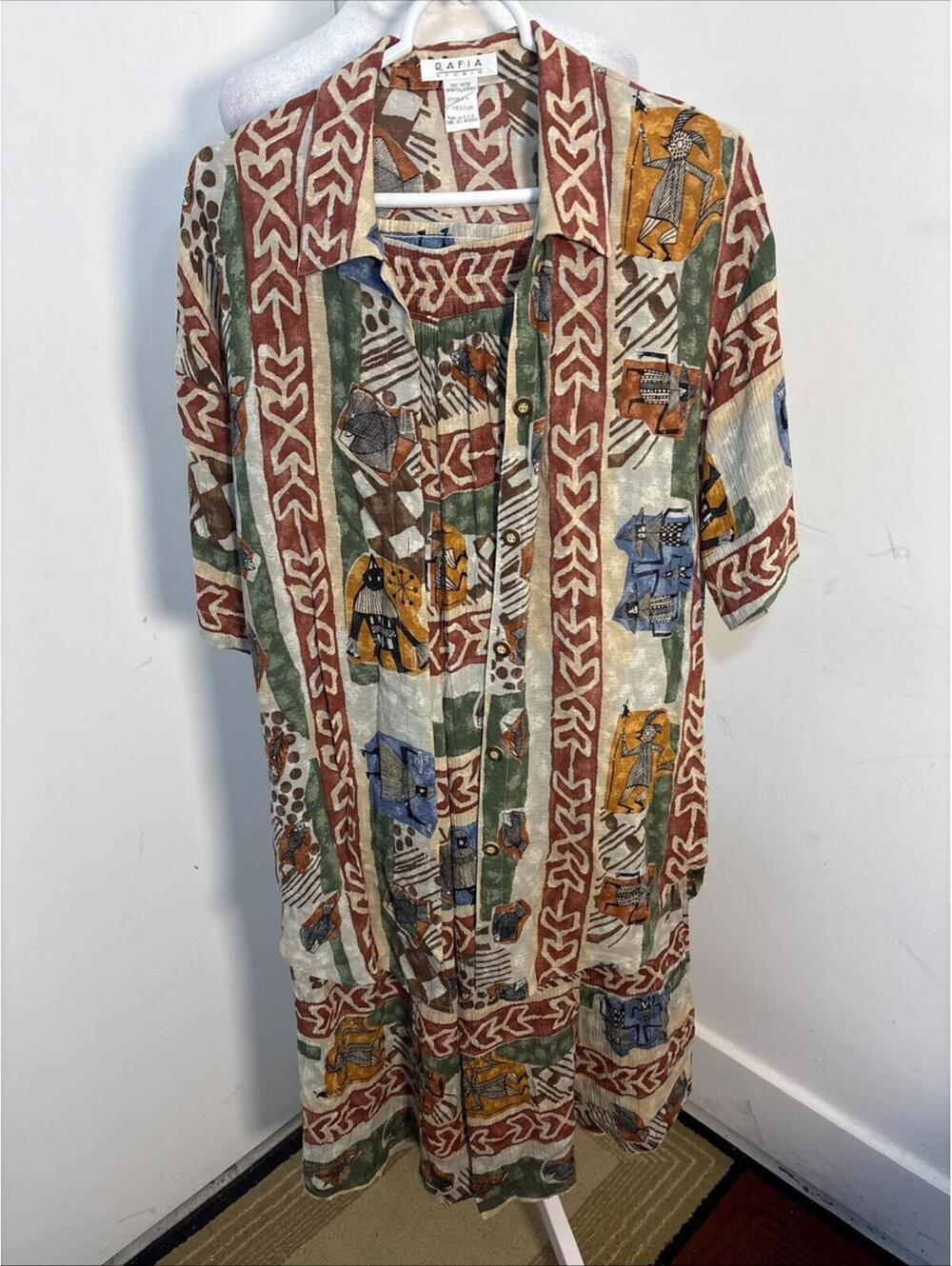 Vintage Rafia Studio Pants Set Med/Lge Germany Wide Leg Tunic Top Art Aztec